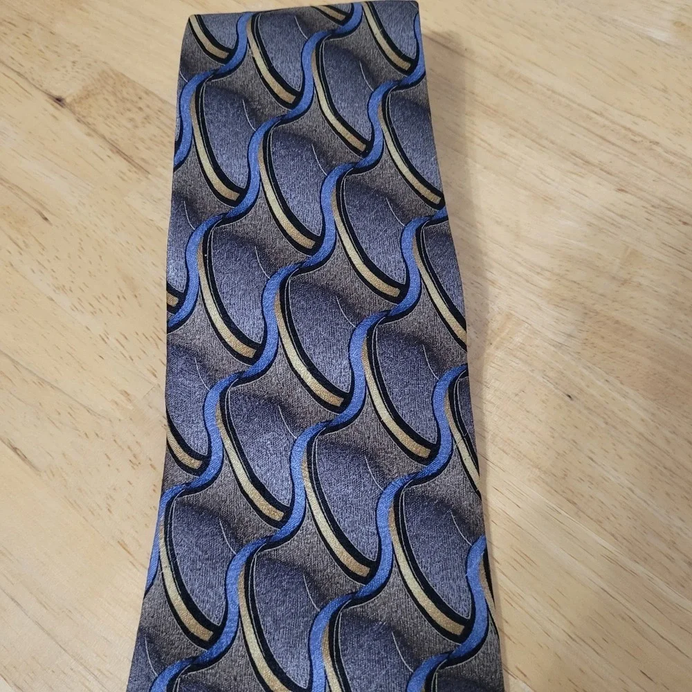 FERUCCI Mens‎ Silk Tie Blue Gray Gold Abstract Pattern
